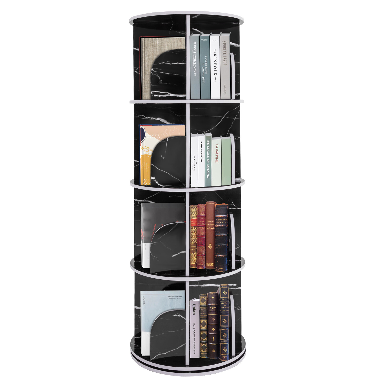 Rotating Display Bookshelf – Black Marble Revolving Storage Rack 4 Tier