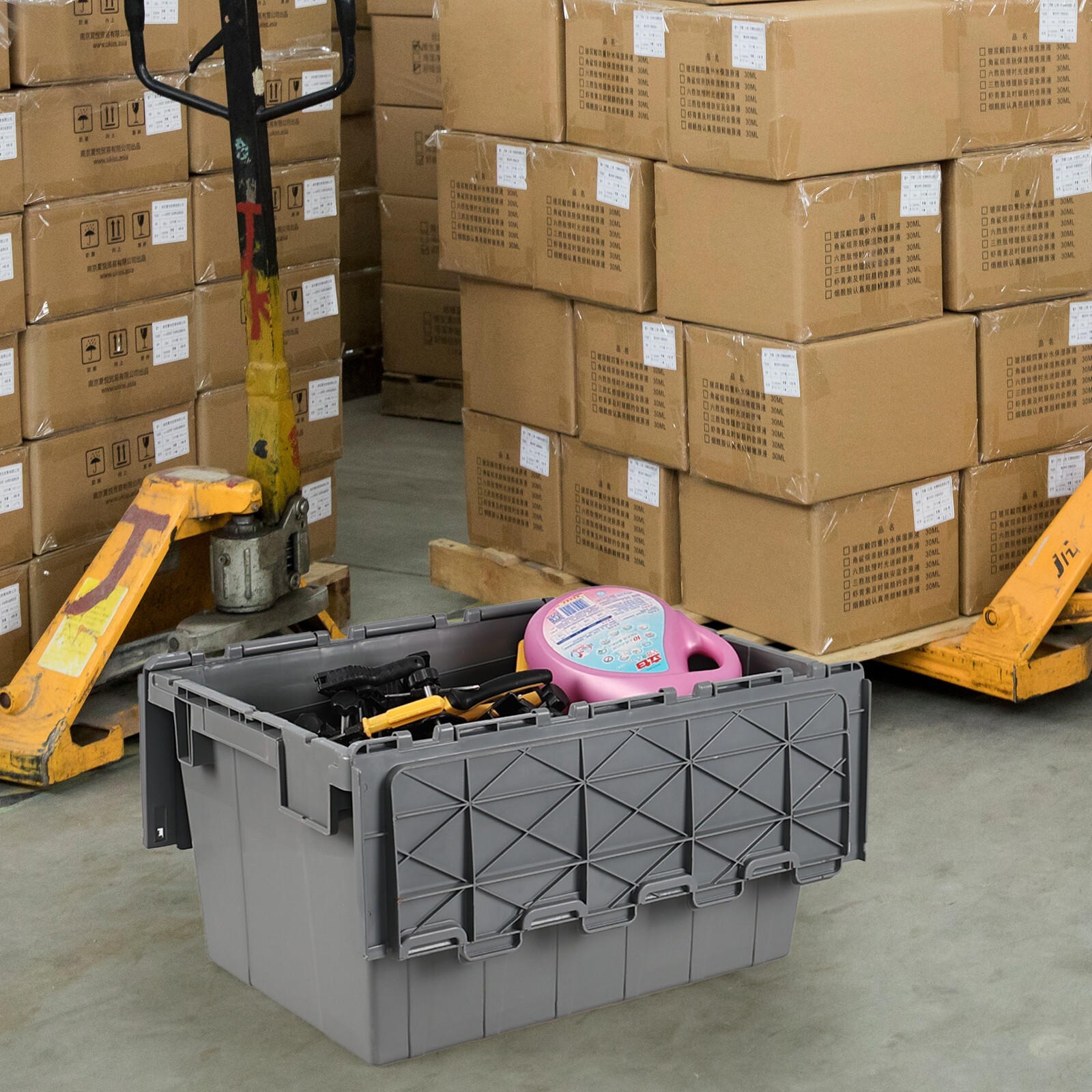 15 Gal Commercial Heavy Duty Plastic Storage Tote w/ Hinged Attached Lid 4-Packs