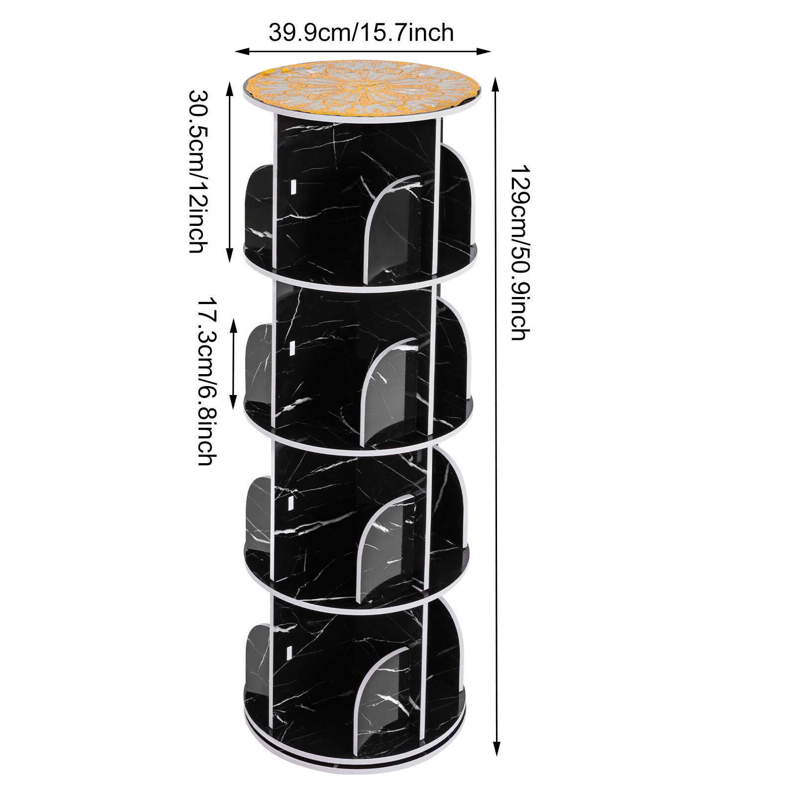 Rotating Display Bookshelf – Black Marble Revolving Storage Rack 4 Tier