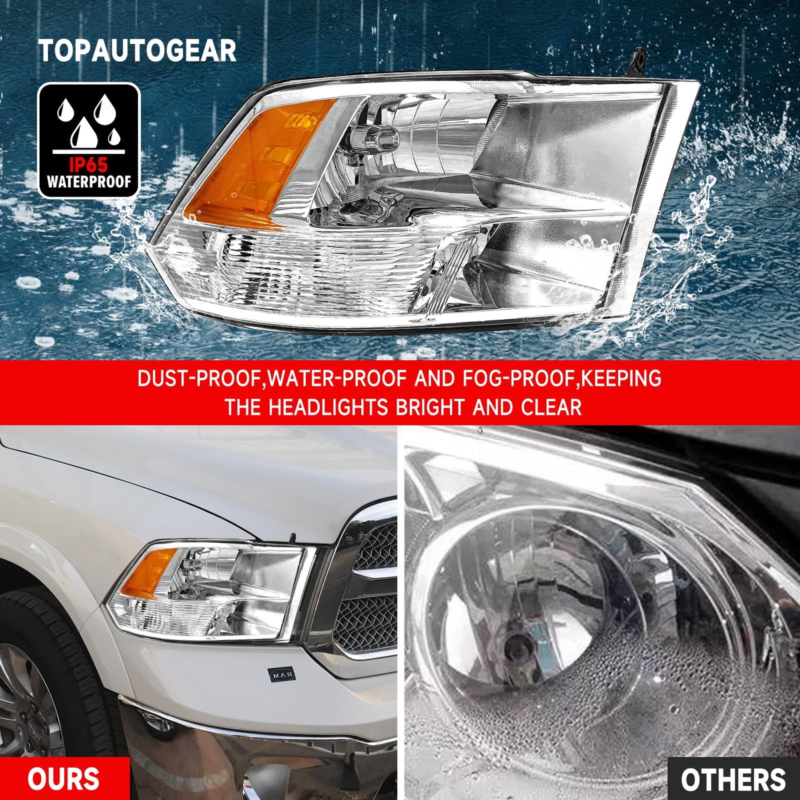 Headlight Assembly for Ram 1500 2500 3500 2009-2018 Chrome Amber