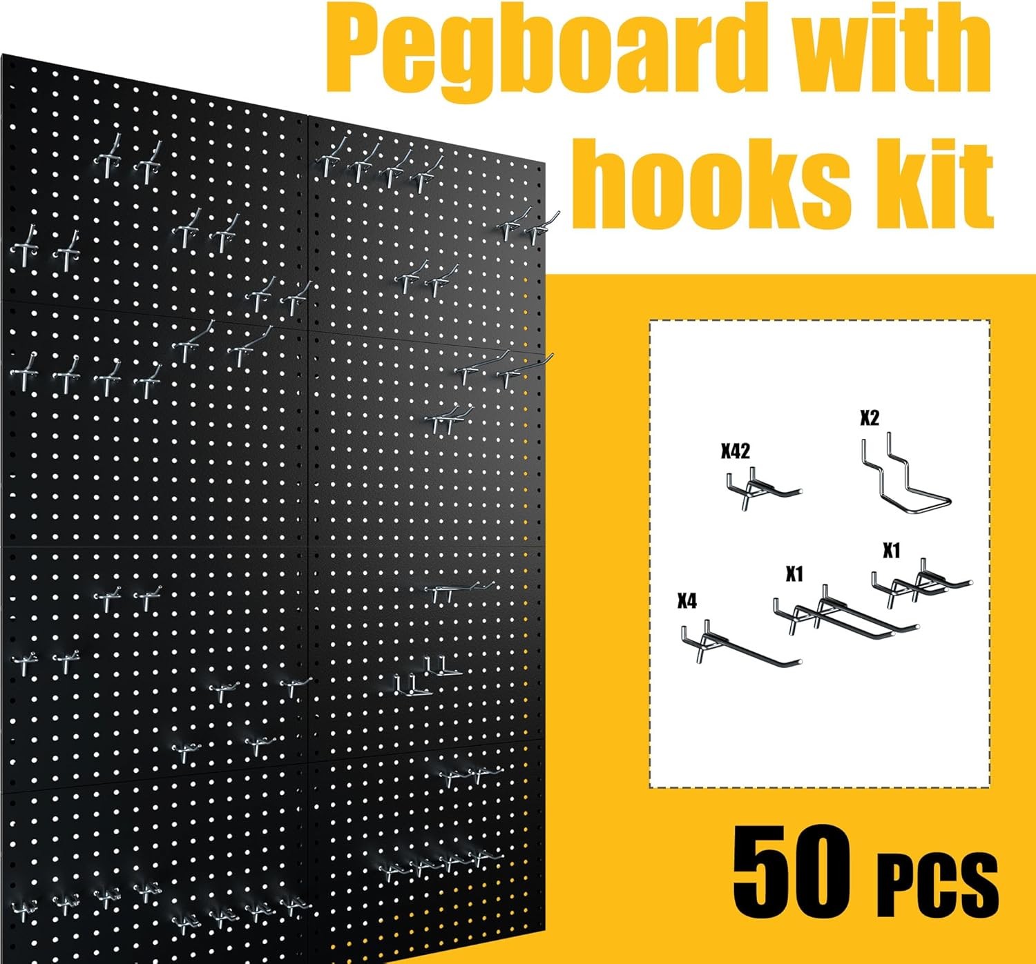Metal pegboard, 8 pieces per pack, with 50 hooks