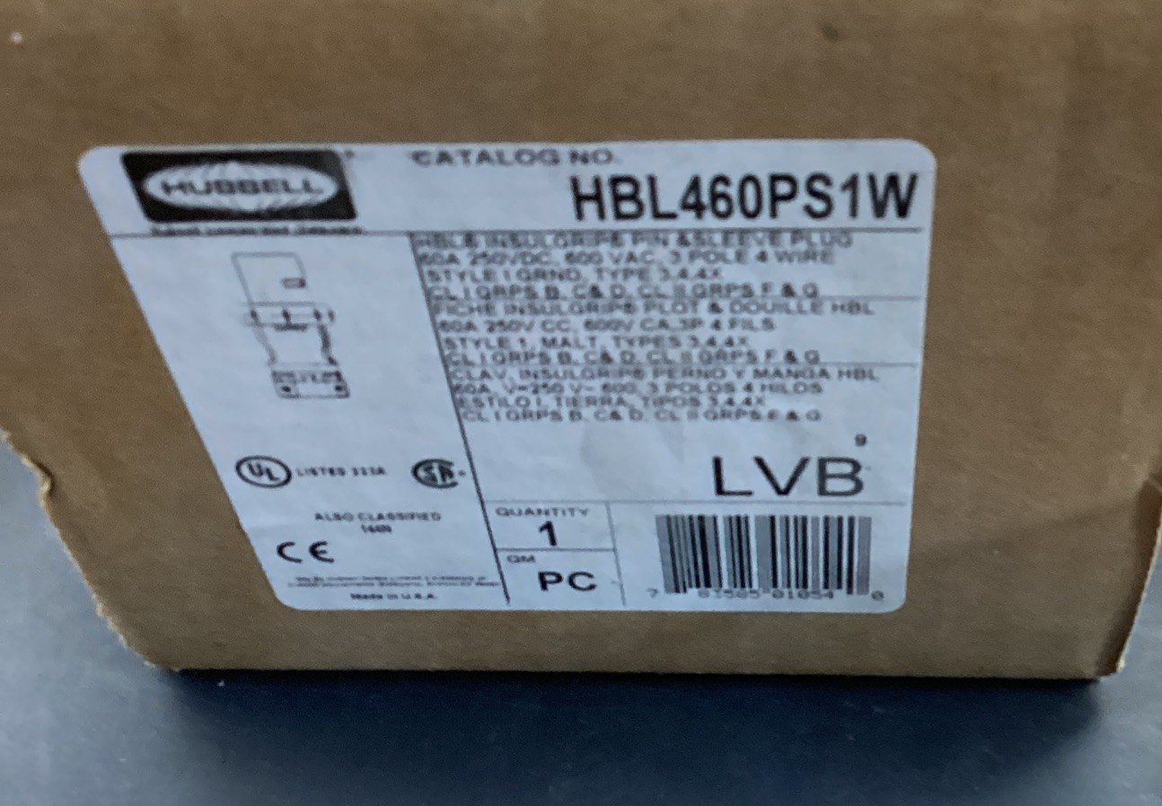 Hubbell HBL460PS1W. Heavy Duty Pin and Sleeve, Male Plug, 60 A 600 V, 4 Wire, 4X