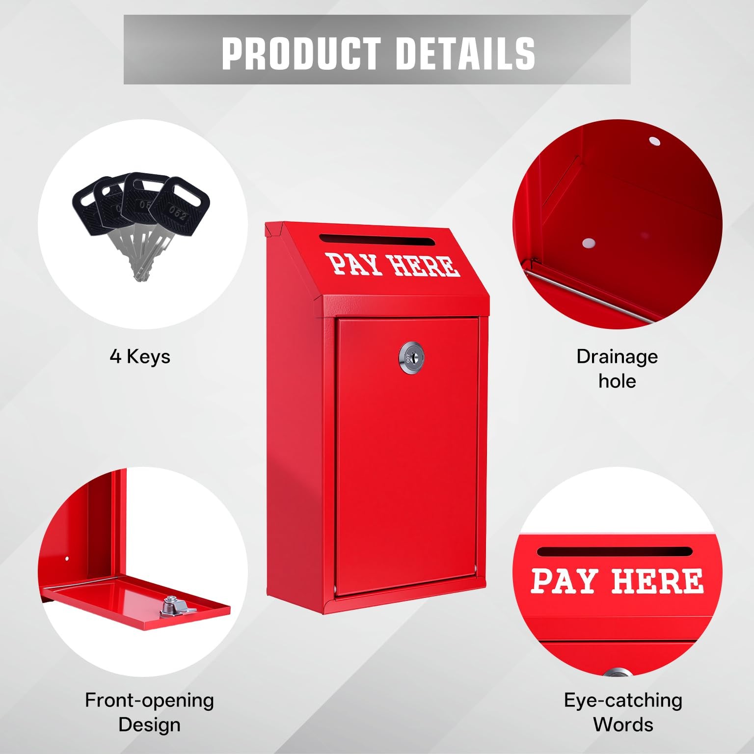 Locking Cash Box with Slot, Metal Money Donation Box with Lock and 4 Keys Wall M
