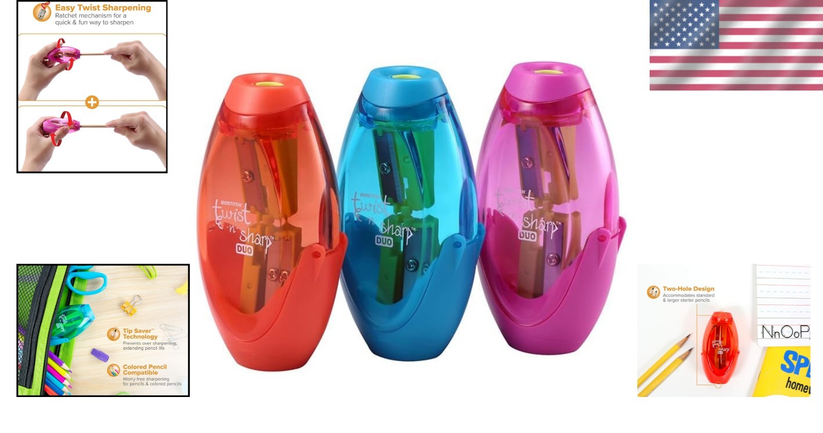 Ergonomic 2-Hole Manual Pencil Sharpener with Ratchet Technology for Classroom