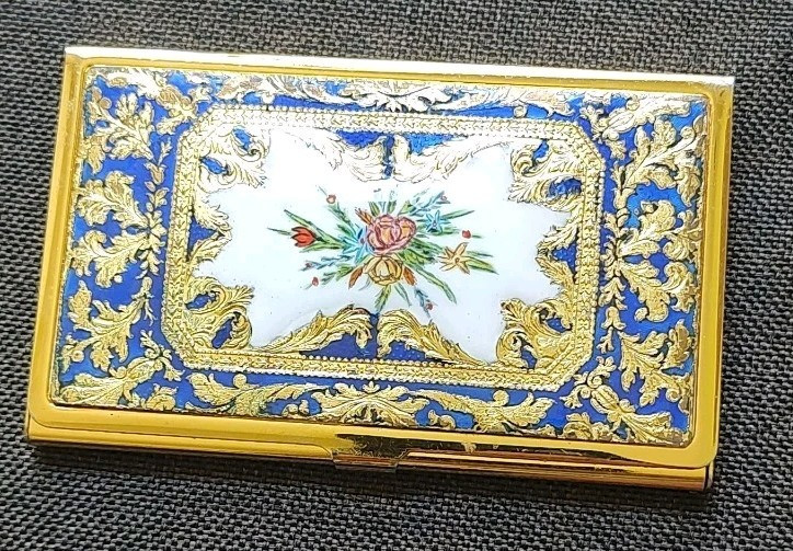 Vtg French Blue Enamel Business Card Holder Case Floral Gold Leaf Royal