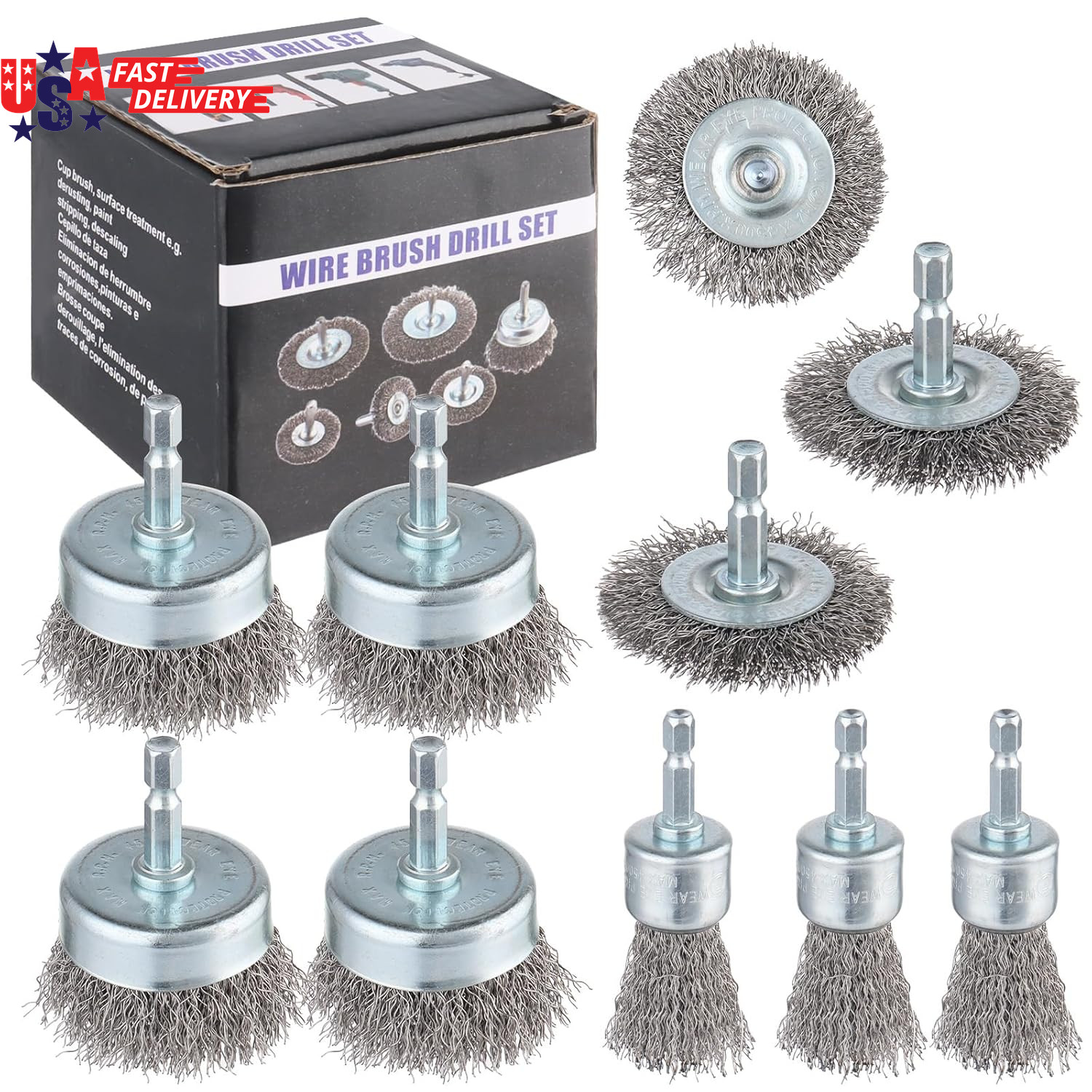 10-Pack Carbon Steel Wire Wheel, Cup, Pen Brush Set with 1/4-Inch Hex Shank for