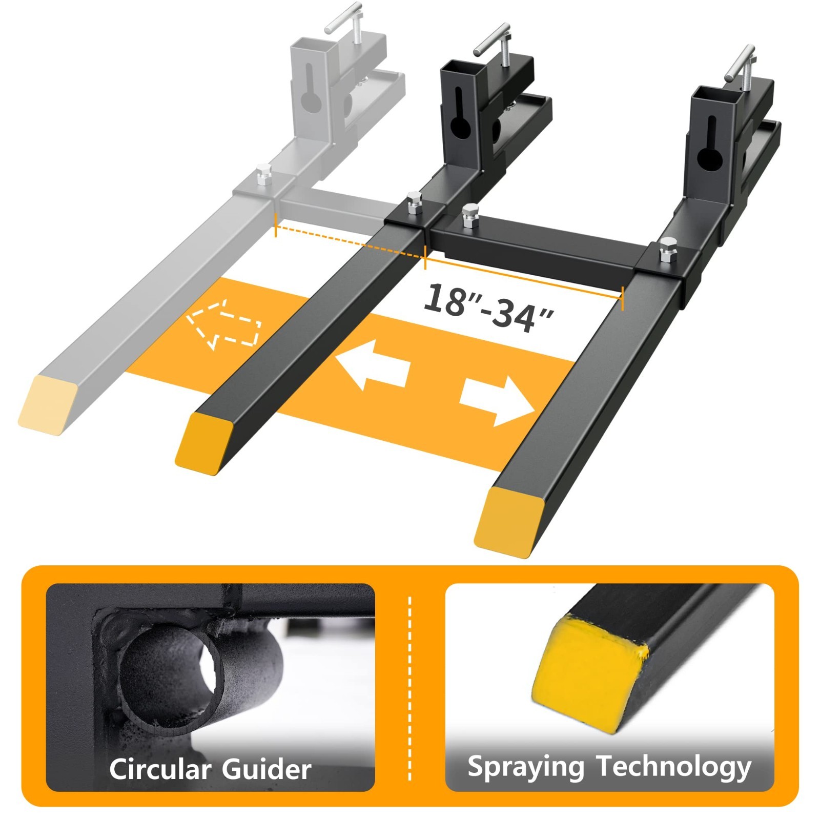 60″ Heavy Duty Clamp-on Pallet Forks 2000lbs with Adjustable Stabilizer Bar for