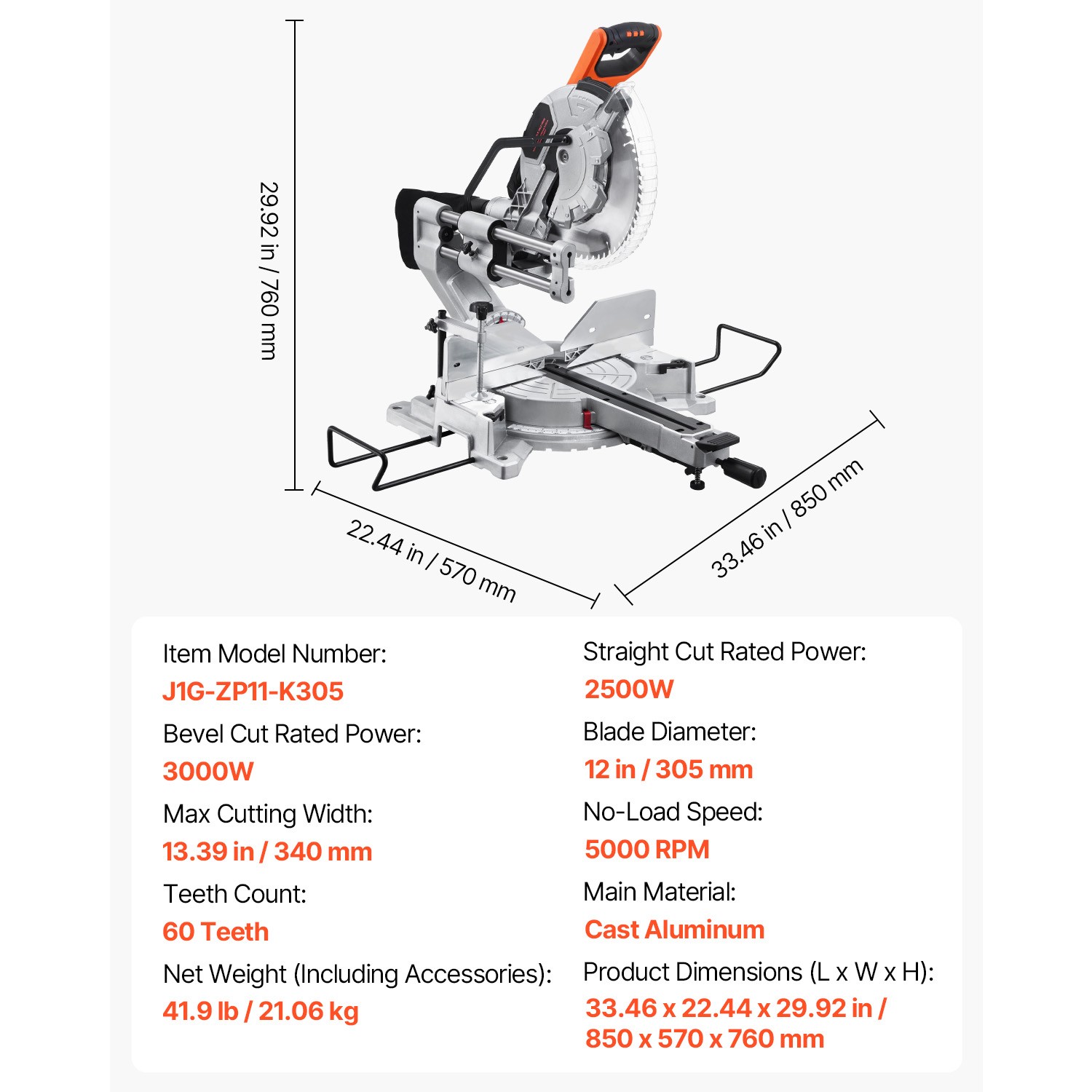 Uimoso 12-Inch Sliding Miter Saw with 15 Amp Motor, Dual Bevel, 60-Tooth Blade