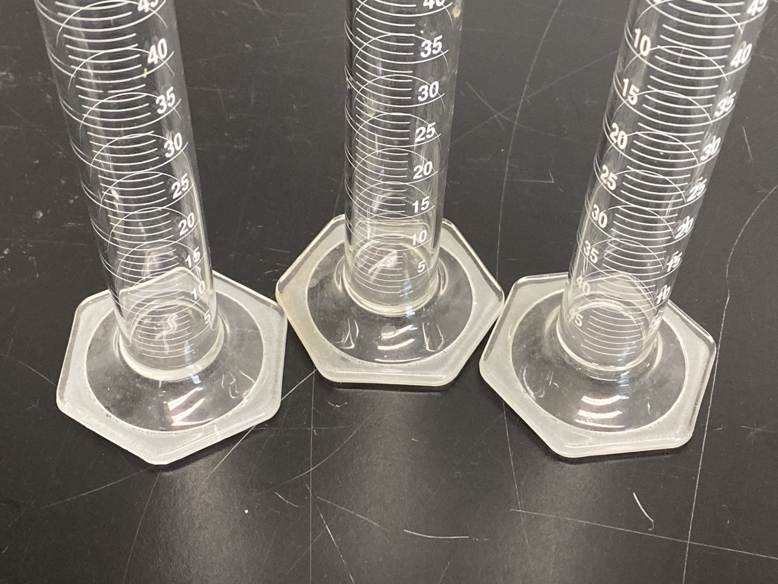 (6) Used KIMAX Glass Class B 50mL TD Single Scale Graduated Cylinder 20024-50