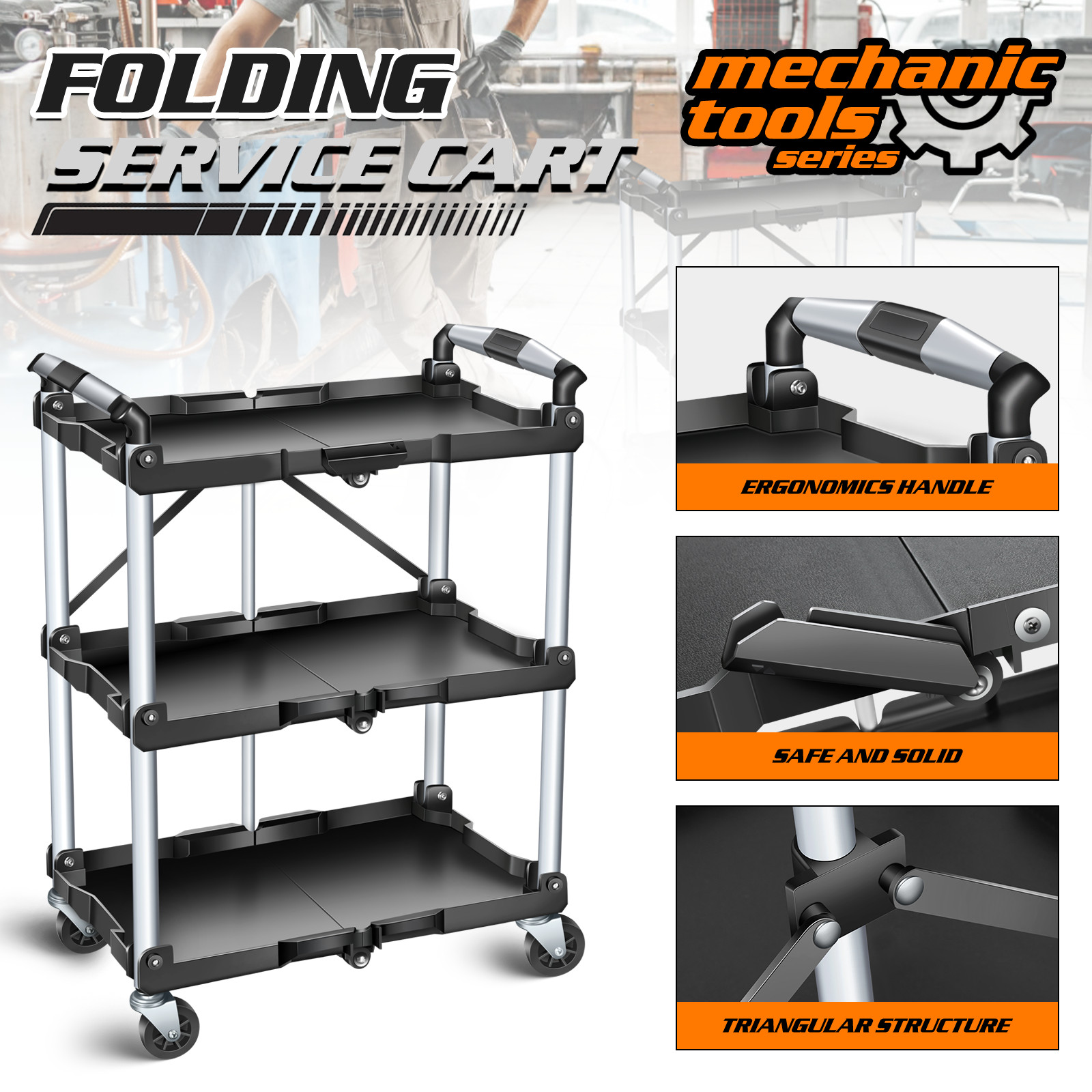 3 Tiers Rolling Tool Cart Workshop Tool Trolley Mobile Casters w/ Hanging Board