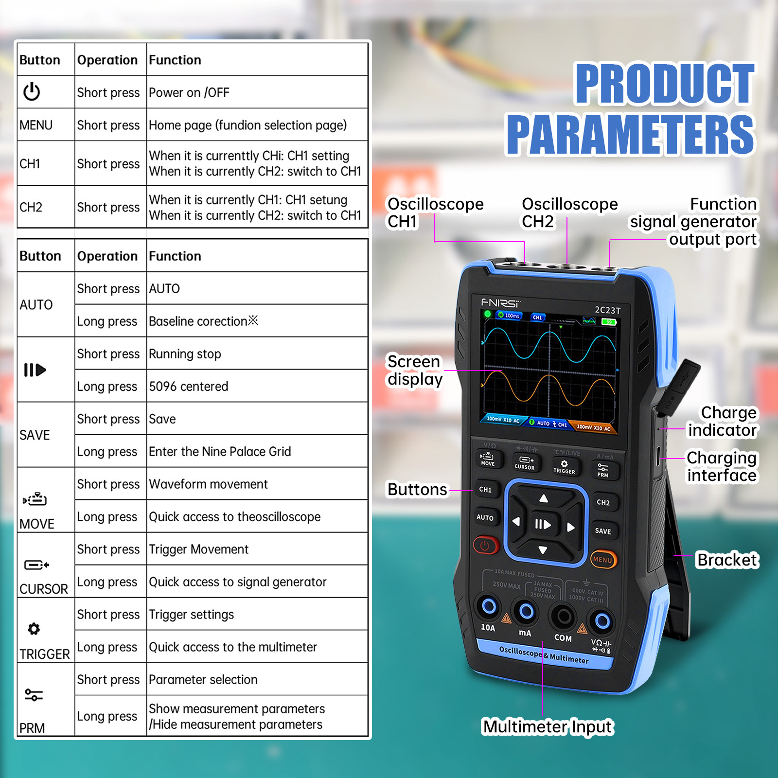 Portable FNIRSI 2C23T Handheld Digital Oscilloscope+Multimeter+Signal Generator