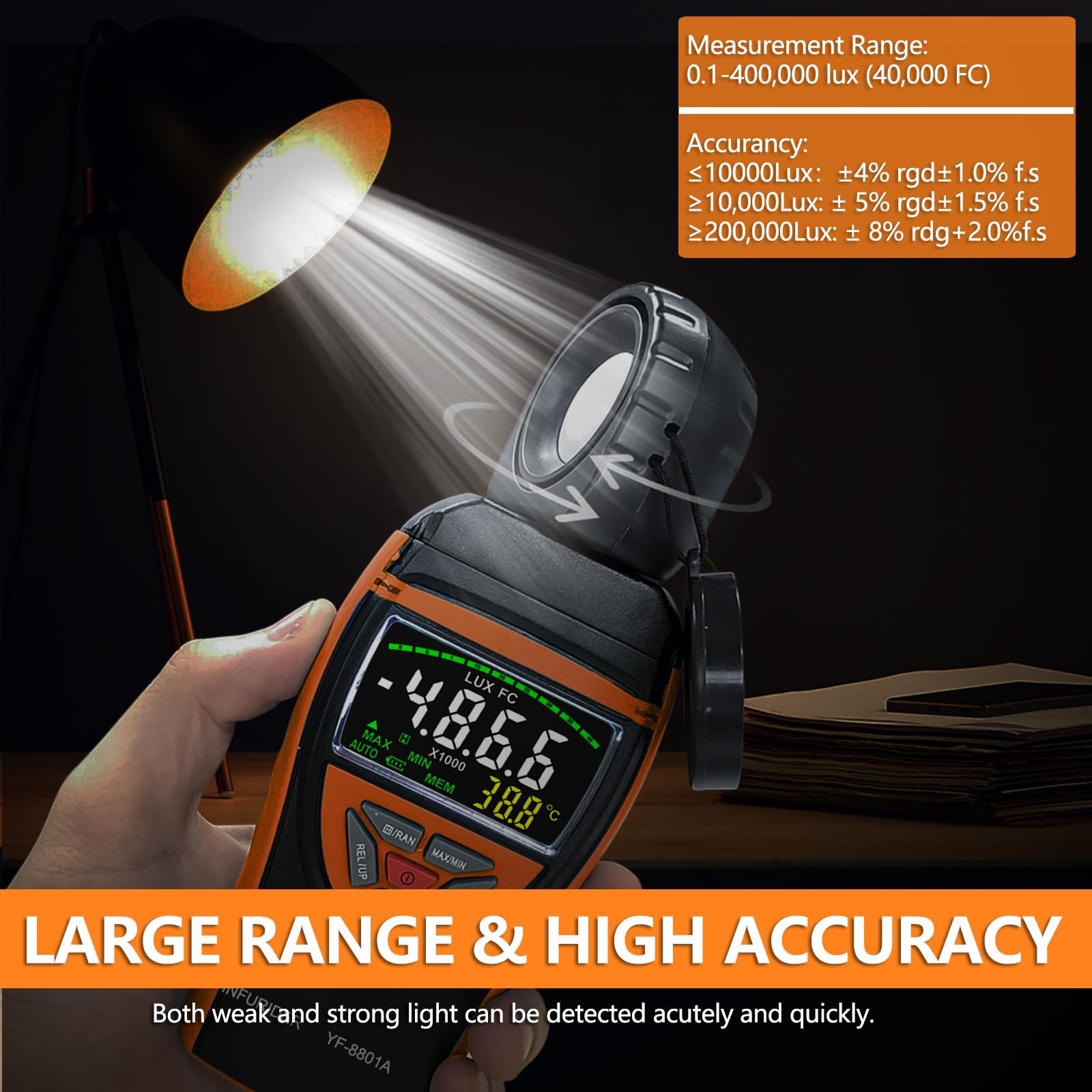 HOLDPEAK Light Meter, Digital Lux Meter 0.1-400,000 Lux, 270º Rotatable Det