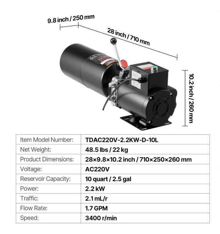 VEVOR Hydraulic Pump Power Unit AC 220V 10 Quart Single Acting Hydraulic Unit