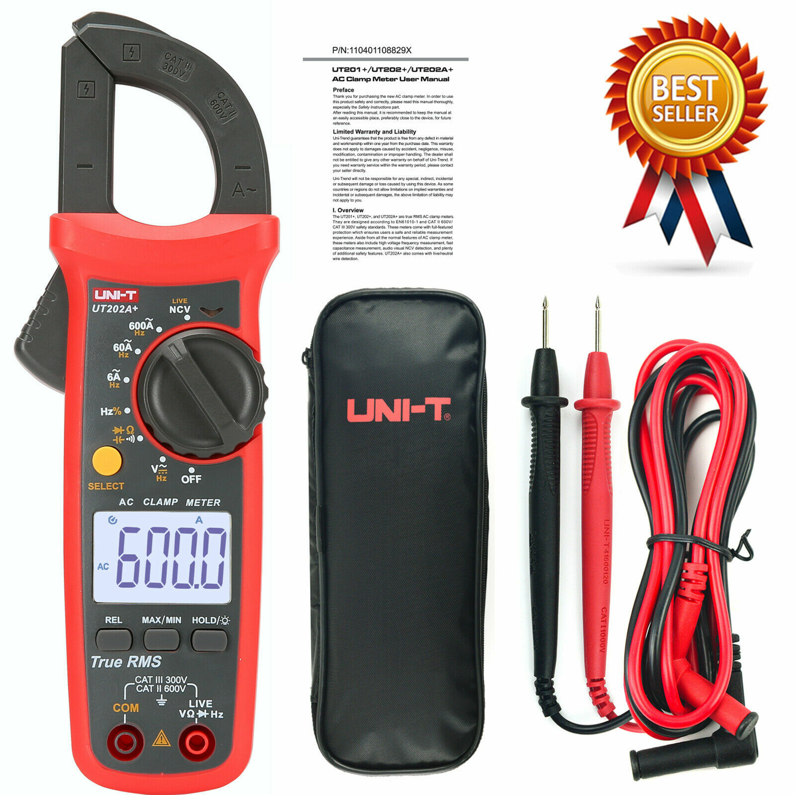 UNI-T UT202A+ Data Hold 600A AC Voltage AC Current Resistance Clamp Meter