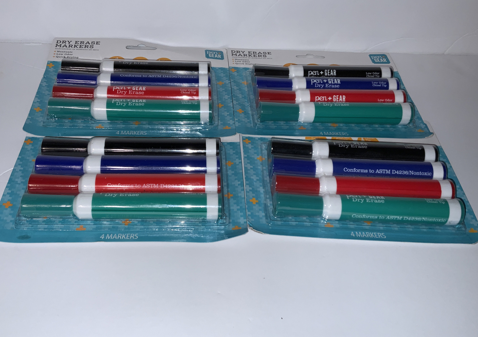 4 Packs Pen + Gear Dry Erase Chisel Tip 4 Count Black Blue Green Red NEW