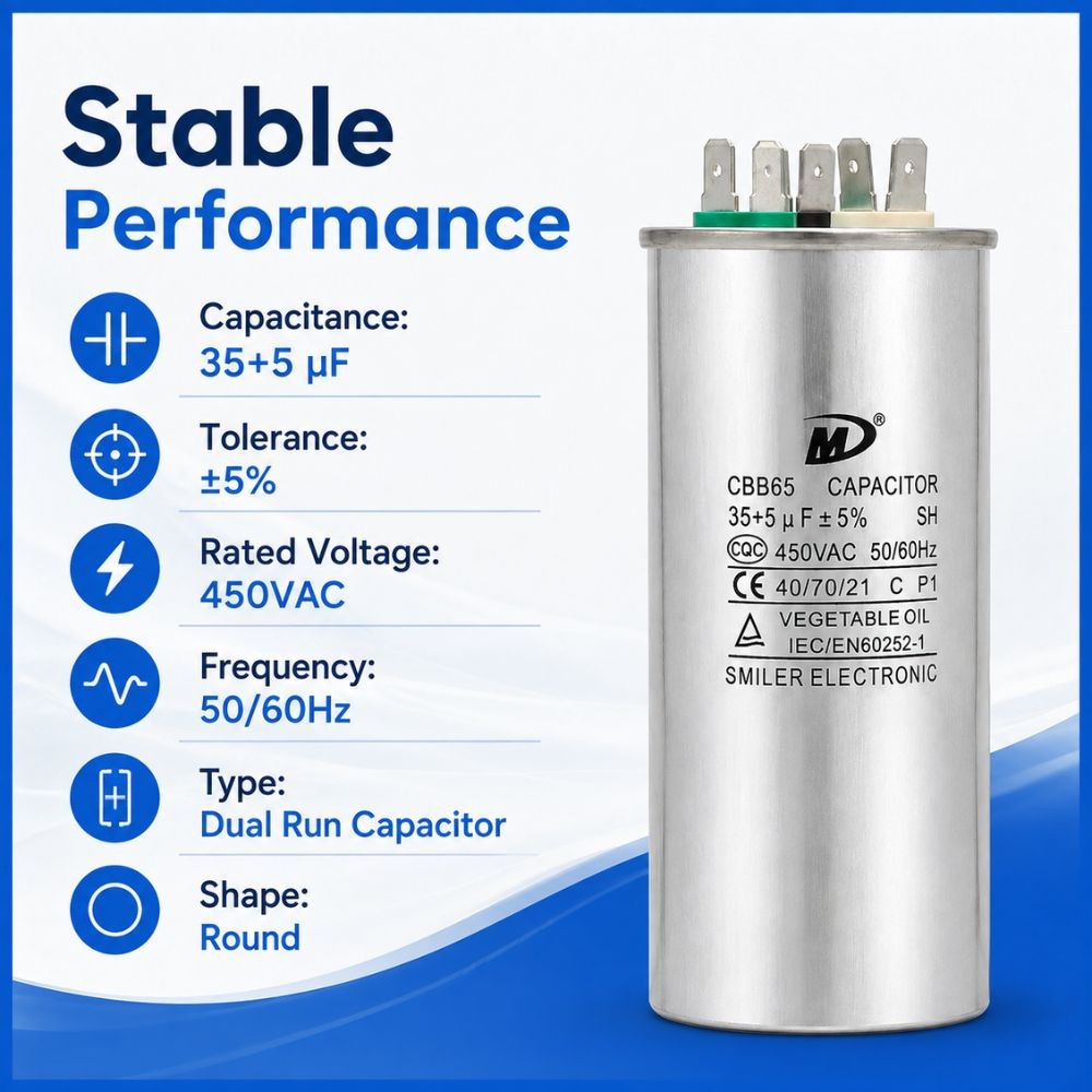 Air Conditioner 35/5uf, Round Dual Run Capacitor — 35+5 MFD, 450VAC NEW