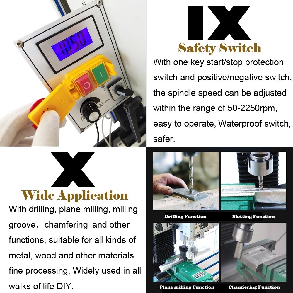 Benchtop Mill/Drill Machine with Grating Ruler Axis X Power Feed 110V R8 1100W