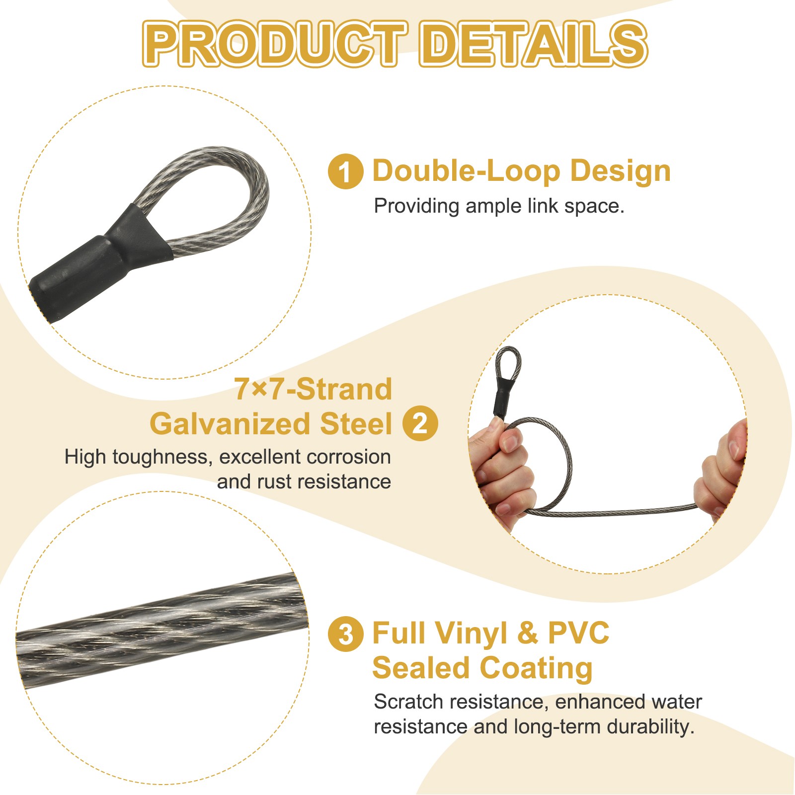 3/16″ Dia 2.5ft Security Cable Lock Vinyl Coated Steel with Double Loop Gray