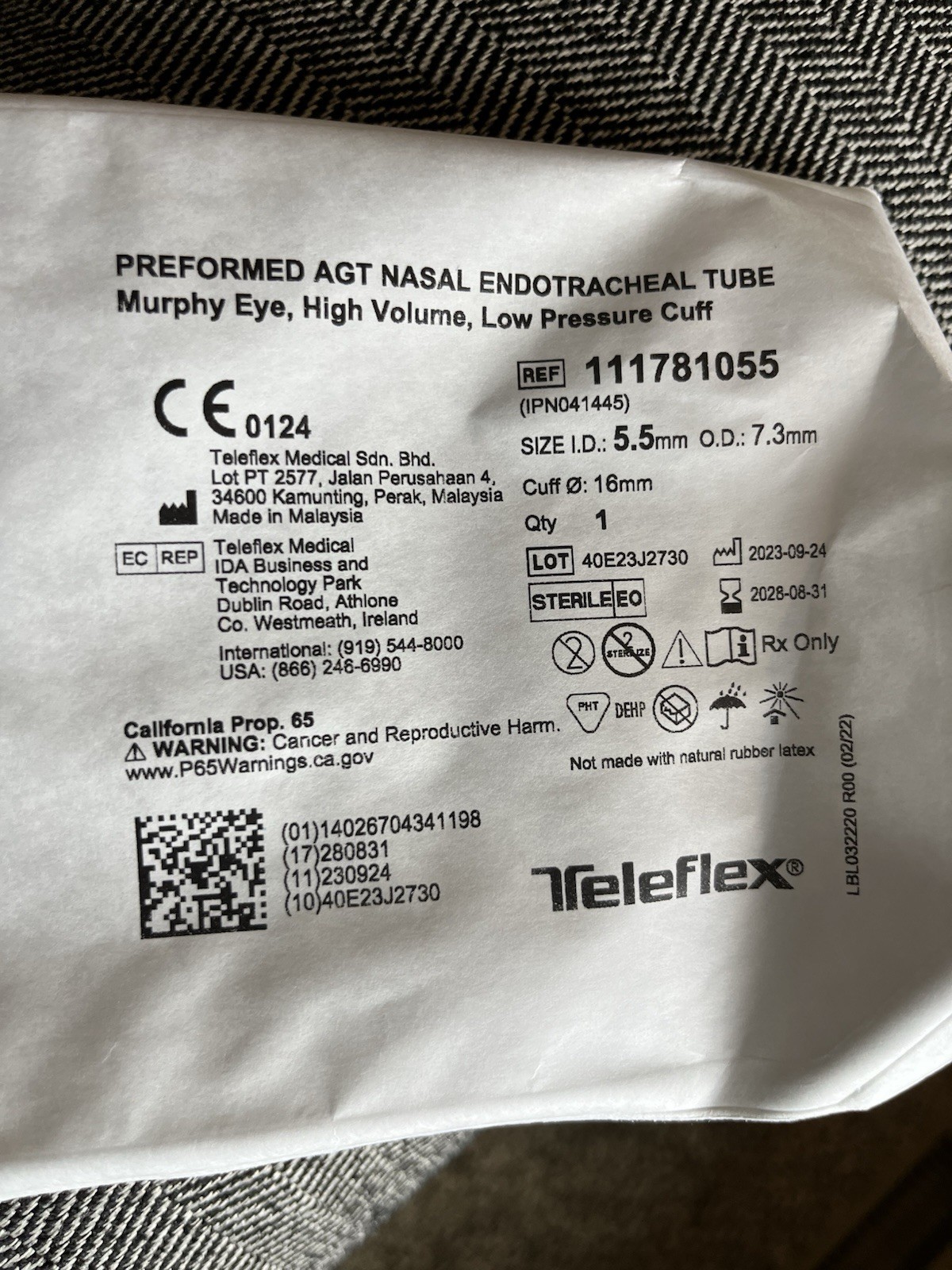 Sterile Endotracheal Tube 16.0mm w / low pressure Cuff Sealed Package of 2