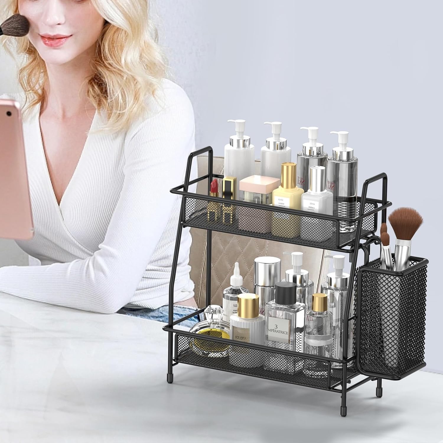 Two-tier countertop organizer with small storage basket