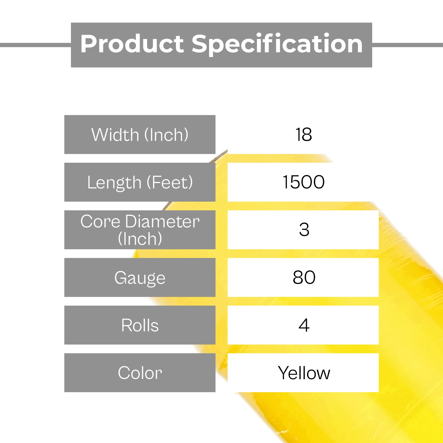 4 Rolls Dark Yellow 18″ x 1500 Ft. 80 Gauge Cast Hand Pallet Stretch Wrap
