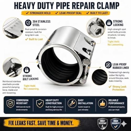 Heavy Duty 3″ Pipe Repair Clamp, Stainless Steel Leak Sealer Kit for Metal & PVC