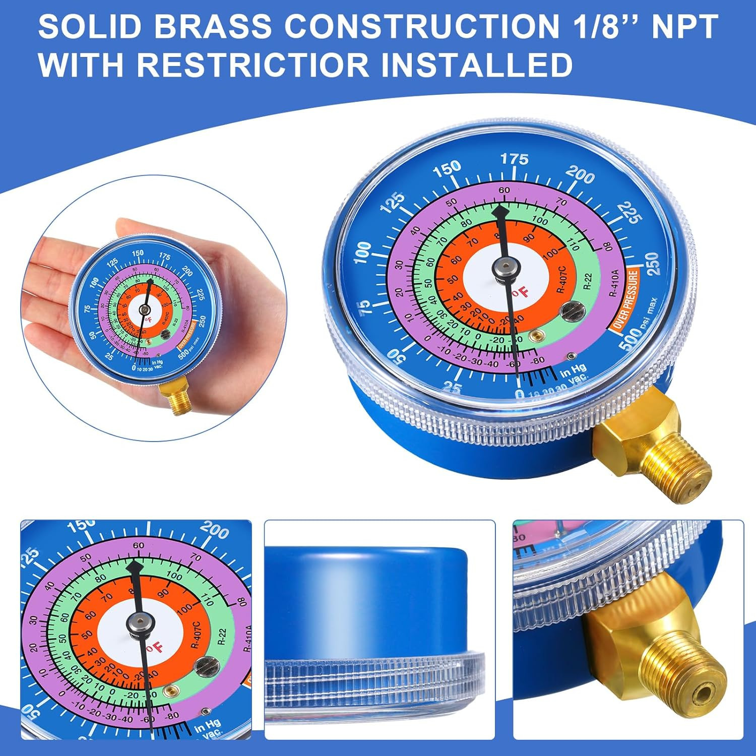 Refrigeration Pressure Gauge Kit R-134a, R-404a, R-2092, R-410a R-134a 0-800psi