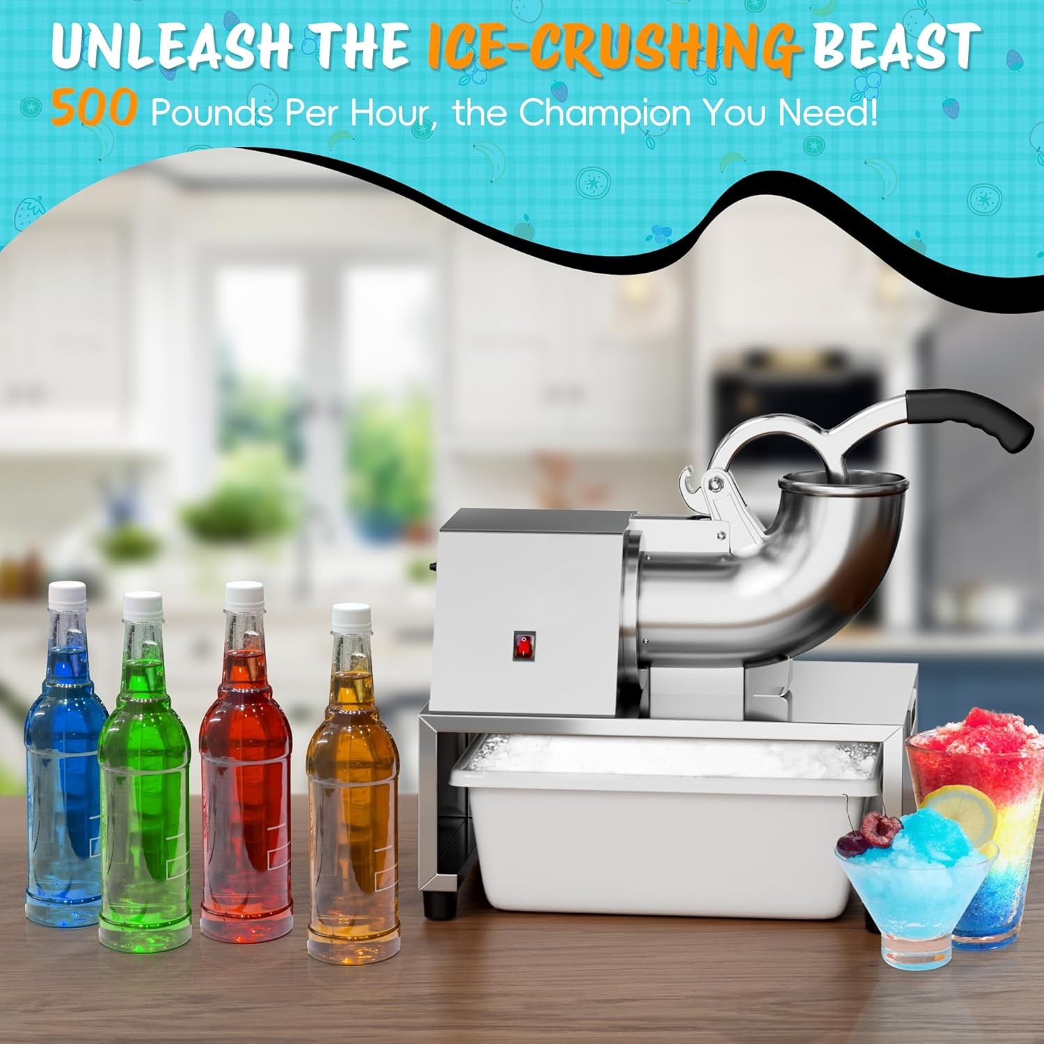 Snow Cone Machine Shaved Ice, 500LB/H Commercial Ice Crusher Shaved Ice Machine