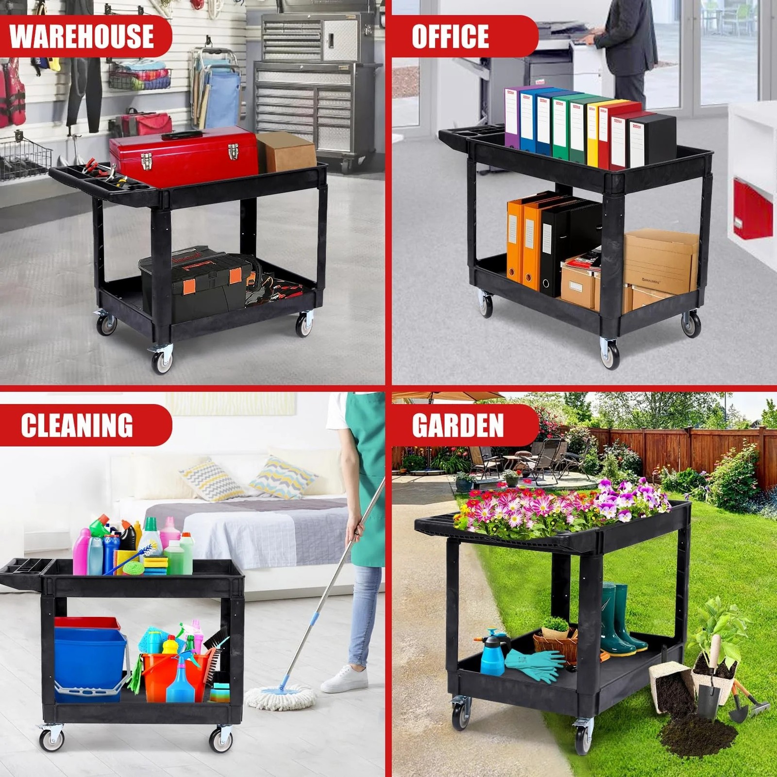 Garvee|Utility Cart|550Lbs|2-Tier|Swivel Wheels|Brakes|Warehouse Garage Use