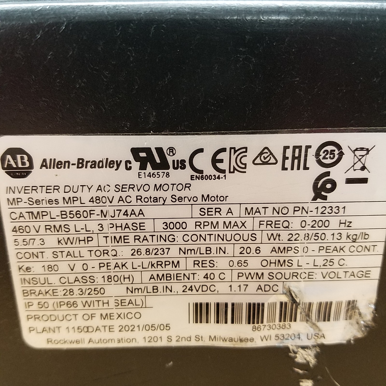 Allen Bradley MPL-B560F-MJ74AA Servo Motor, Series A, 3 Ph, 3000 Rpm, 5.5/7.3 kW