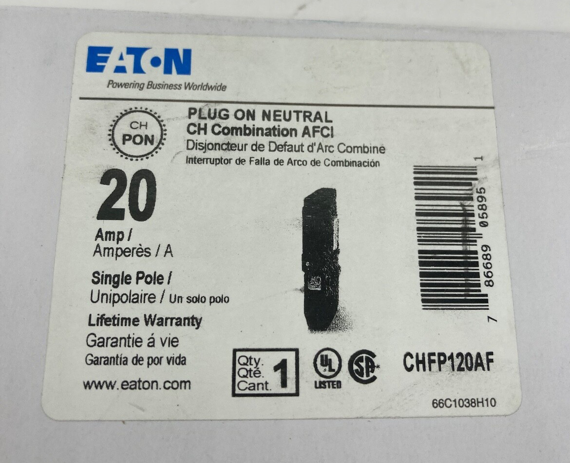 New Eaton CHFP120AF 20 Amp 1 Pole 120V Plug On Neutral Combination AFCI Breaker