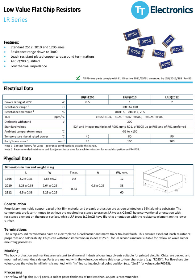 [1x] LR 1206 TT Electronics 50mΩ 1/2W 1% TK100 Low Value Flat Chip Resistor SMD