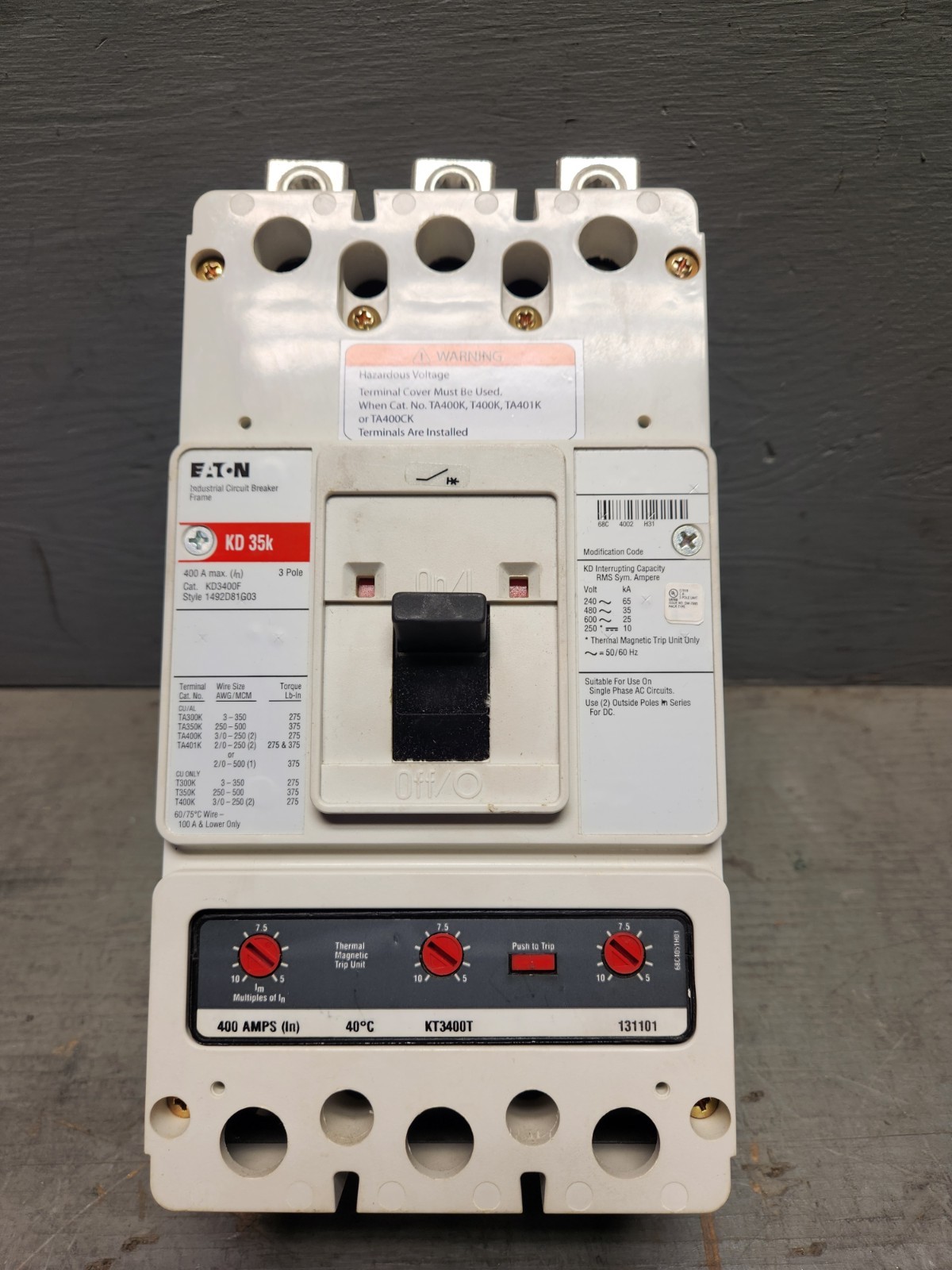 Eaton KD3400F 400A 600V 3 Pole Circuit Breaker with KT3400T 400A Trip Unit