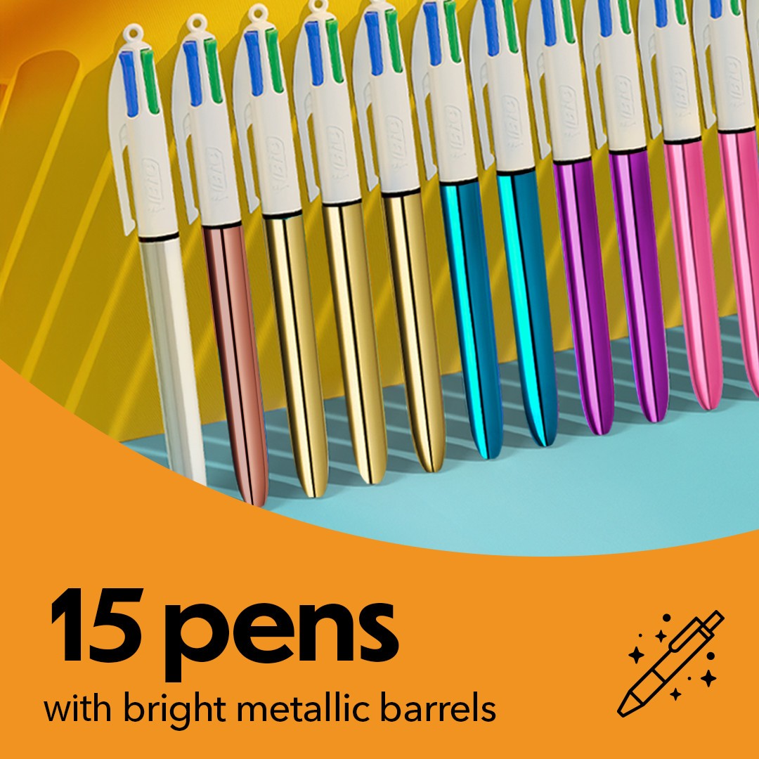 BIC 4-Color Rainbow Shine Limited Edition Set, Box of 15 Pens, Medium Point