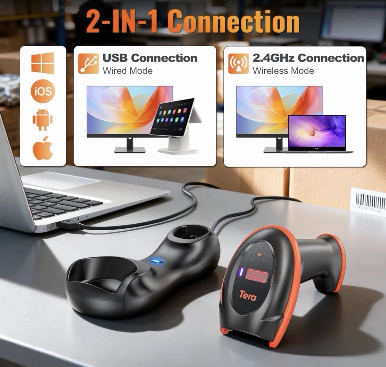 Tera Pro Series Wireless 1D 2D QR Barcode Scanner with Cradle Display HW0008