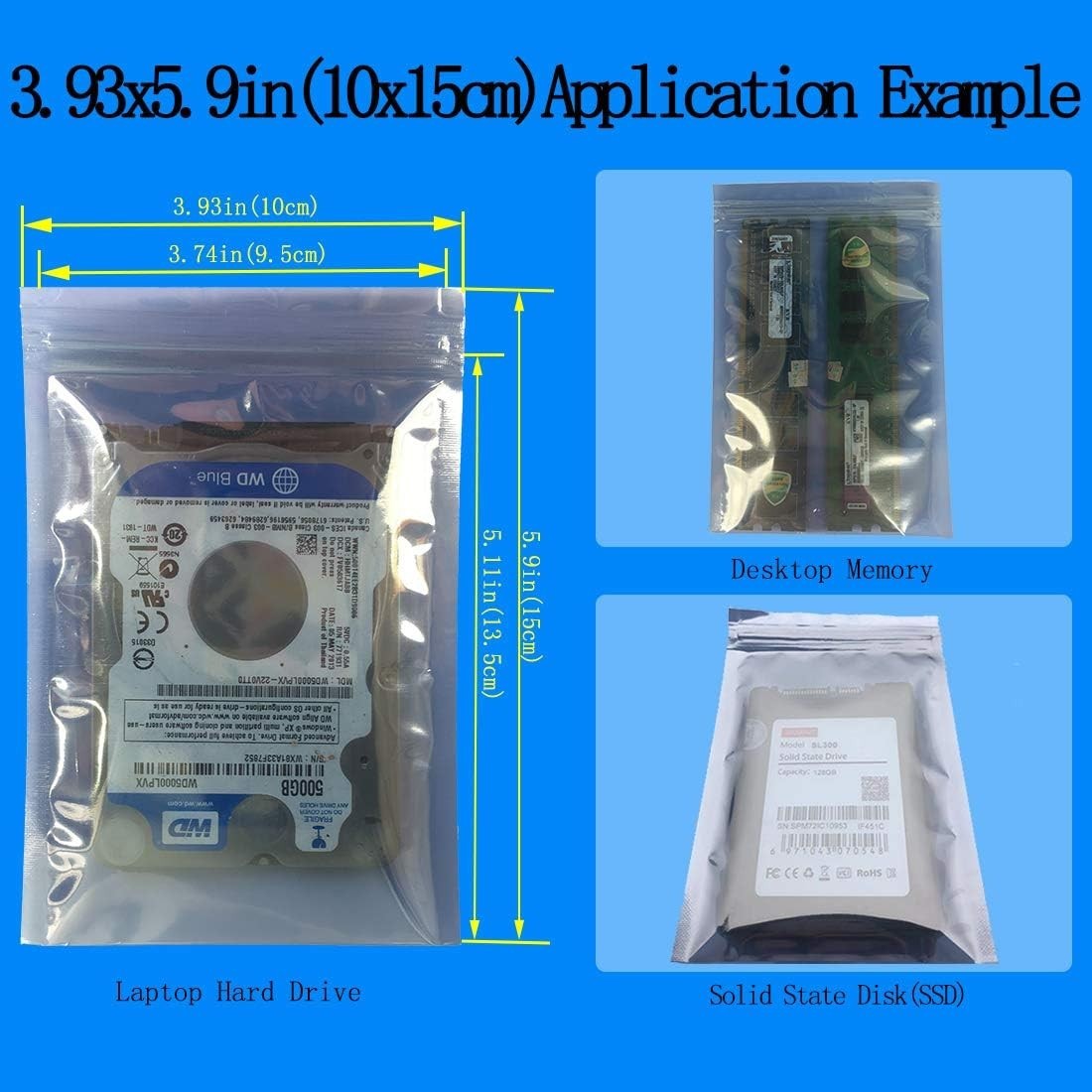 30Pcs Mixed Sizes Anti Static Bags ESD Resealable Bag 3.5 Hard Drive SSD GPU