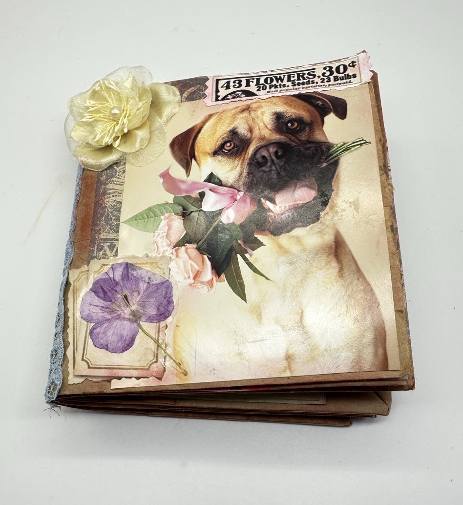 Hand Made Junk Journal Doggy And Yellow Flower. Medium Is Brown Paper Bags