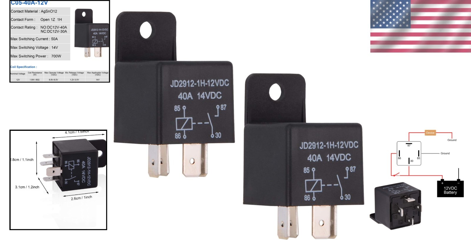 Compact 4-Pin SPST Relay 12V 40A – Ideal for Your Vehicle, 2 Relays Included