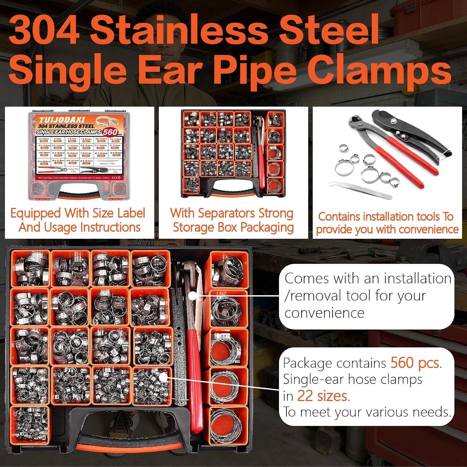 560 Pcs Single Ear Hose Clamp Kit With Pliers 22 Sizes 304 Stainless Steel