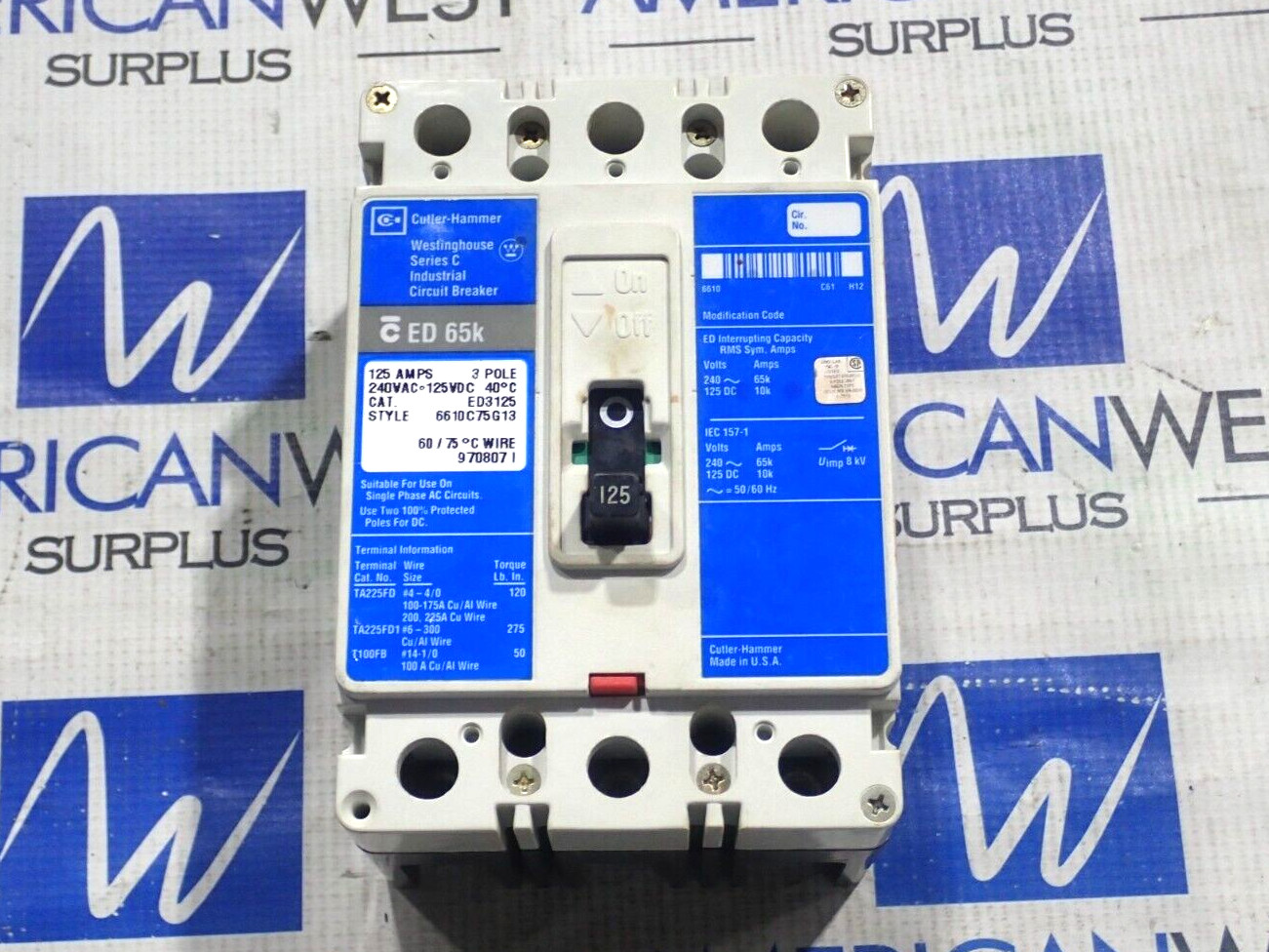 Cutler Hammer Westinghouse ED3125 3 Pole 125 Amp 240 Volt 65kA Breaker – Tested
