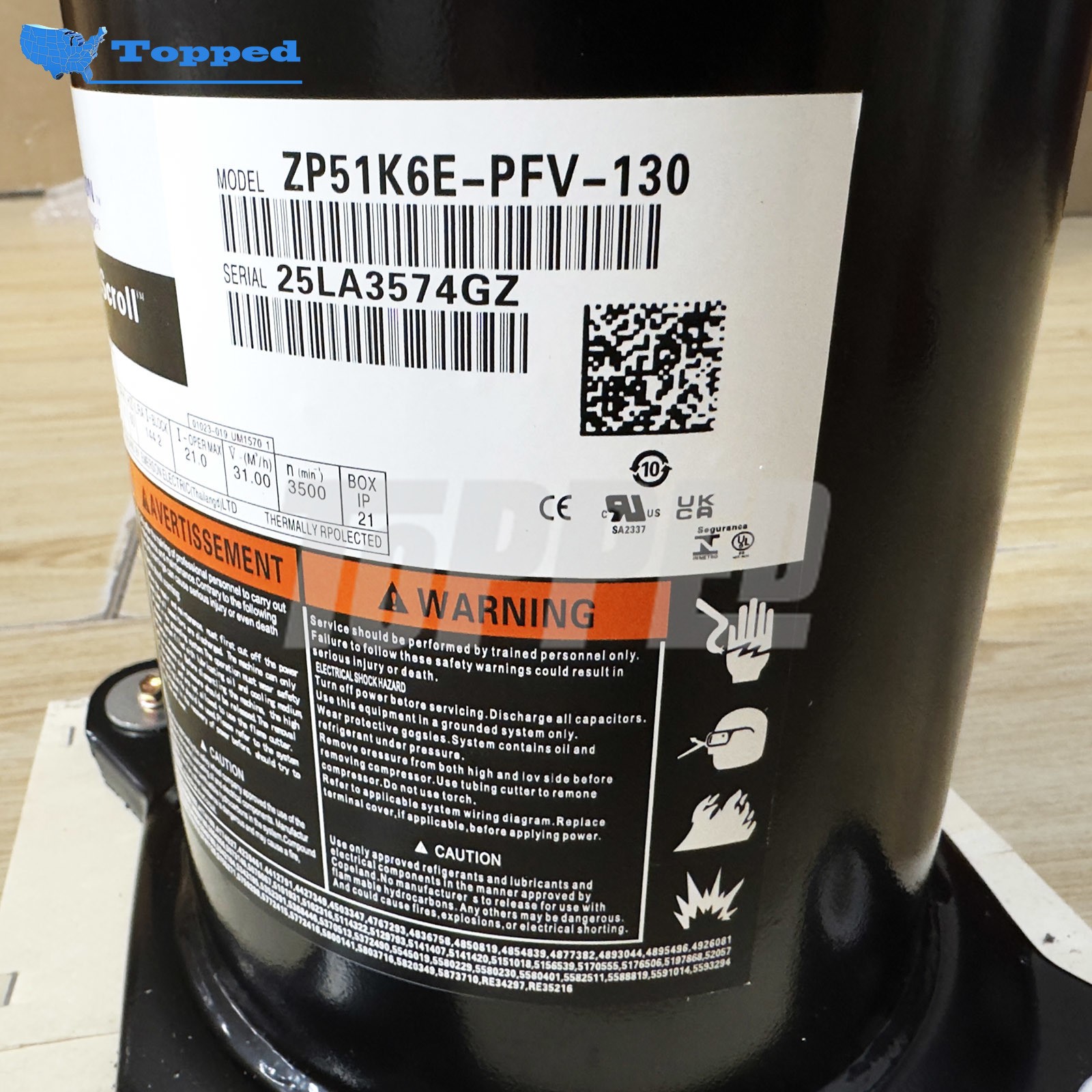 New Scroll Compressor 208-230V 1PH 4-4.9 Tons R410A for Copeland ZP51K6E-PFV-130