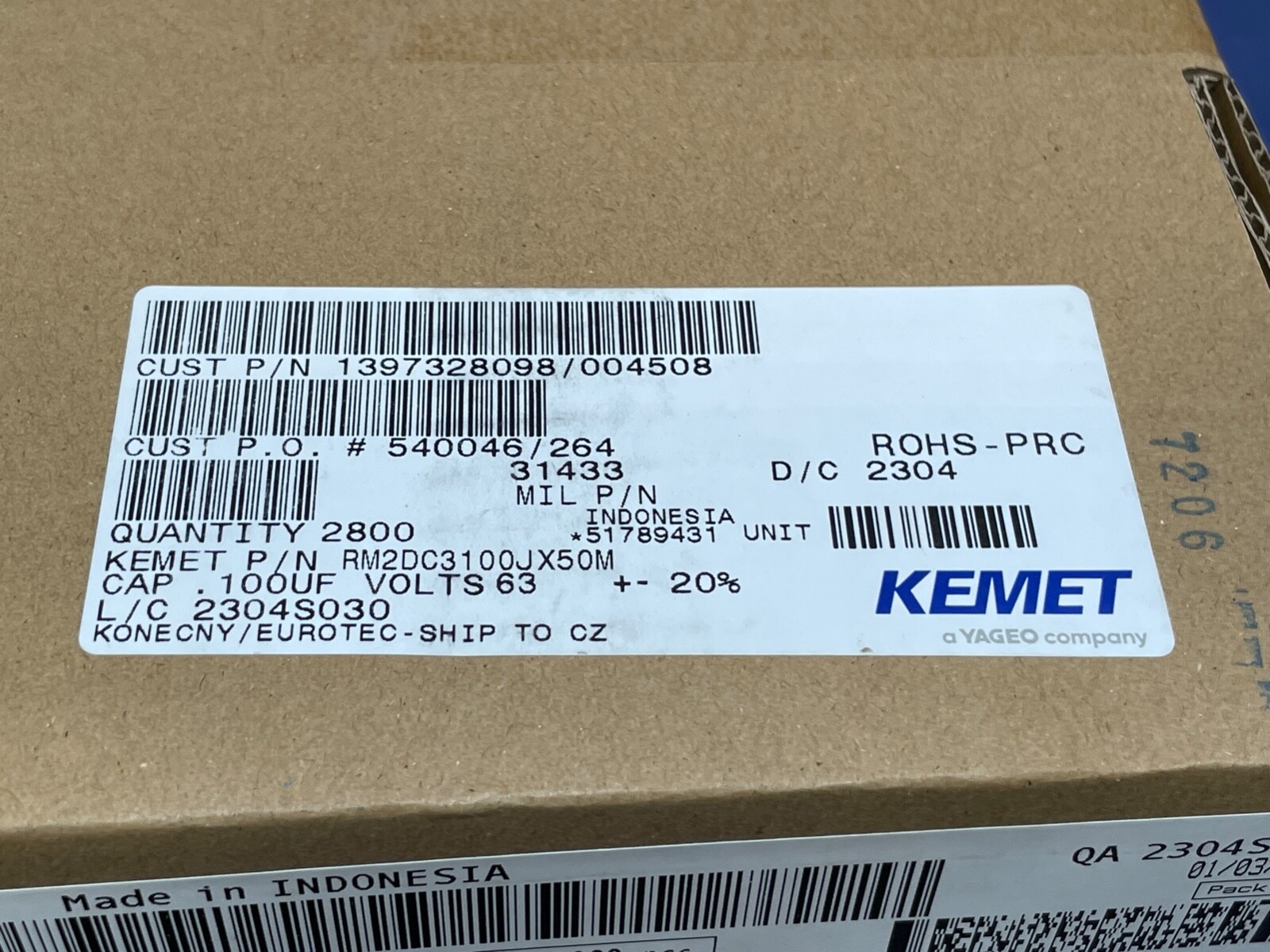 QTY 2800 Kemet Capacitor 63V – .100 uF / 20% tolerance / RM2DC3100JX50M