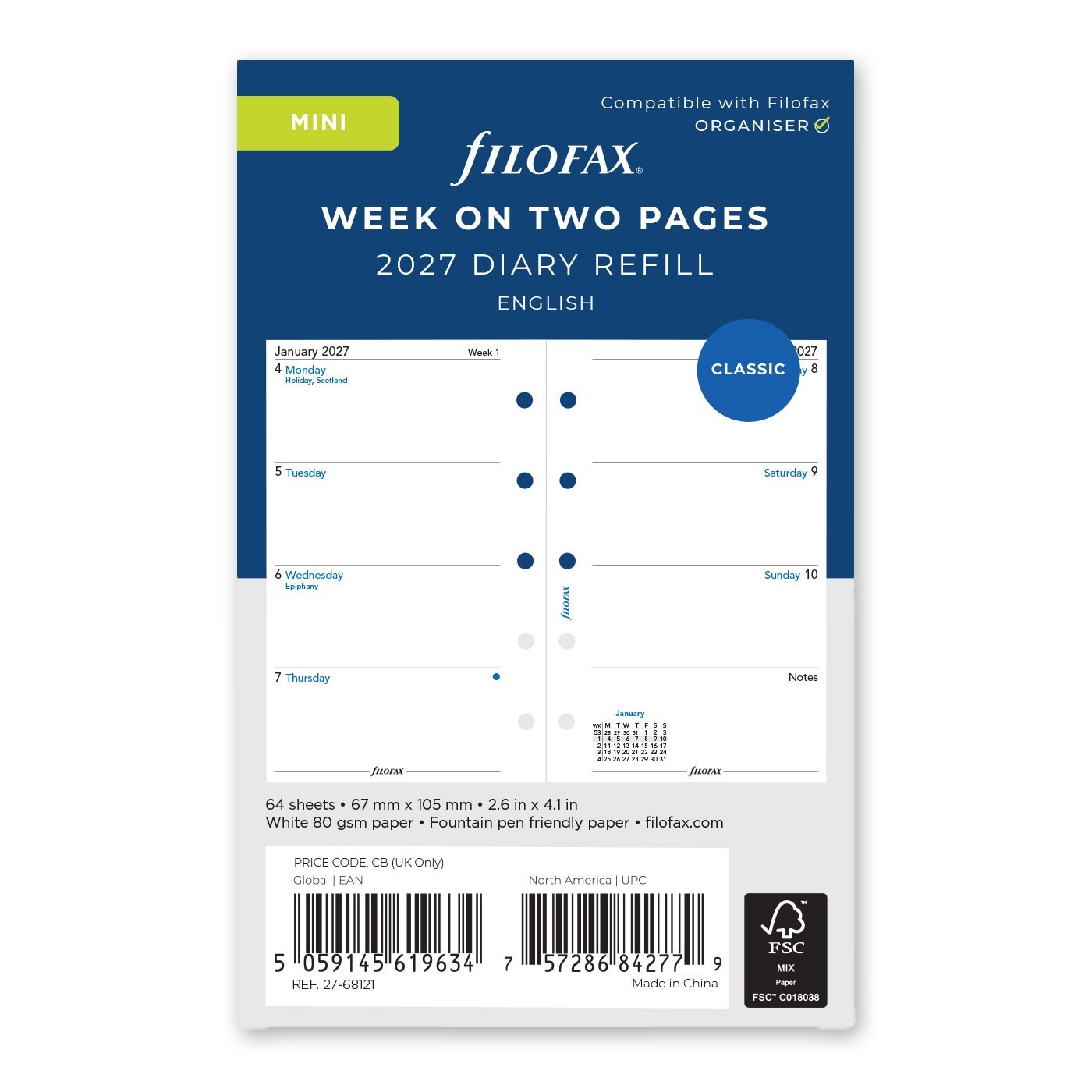 2025 Filofax Mini Size Diary Refill 25-68121 Week on Two Pages, 67mm x 105mm
