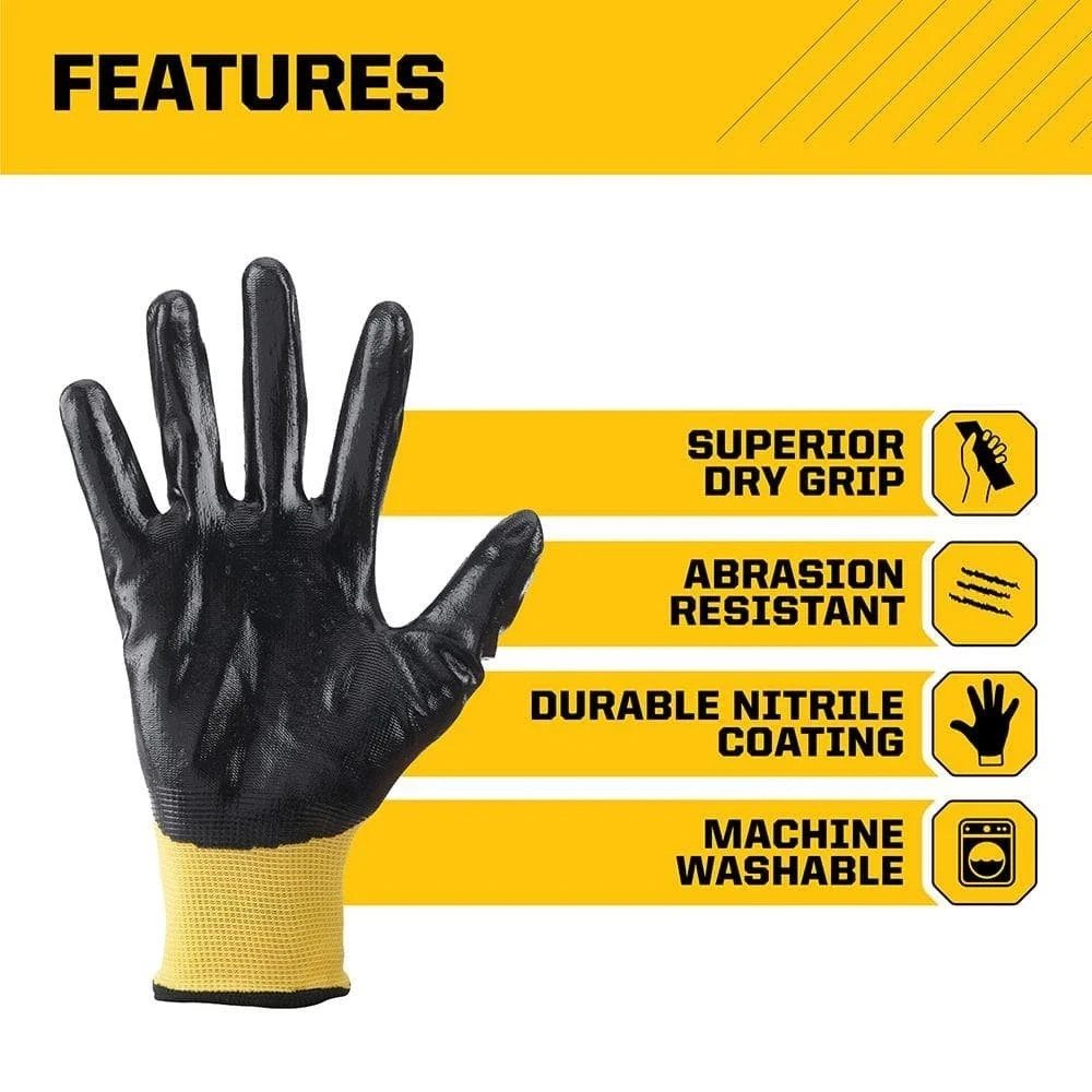 FIRM GRIP Work Gloves Men’s Large Nitrile Coated Machine Washable Yellow 10 Pack
