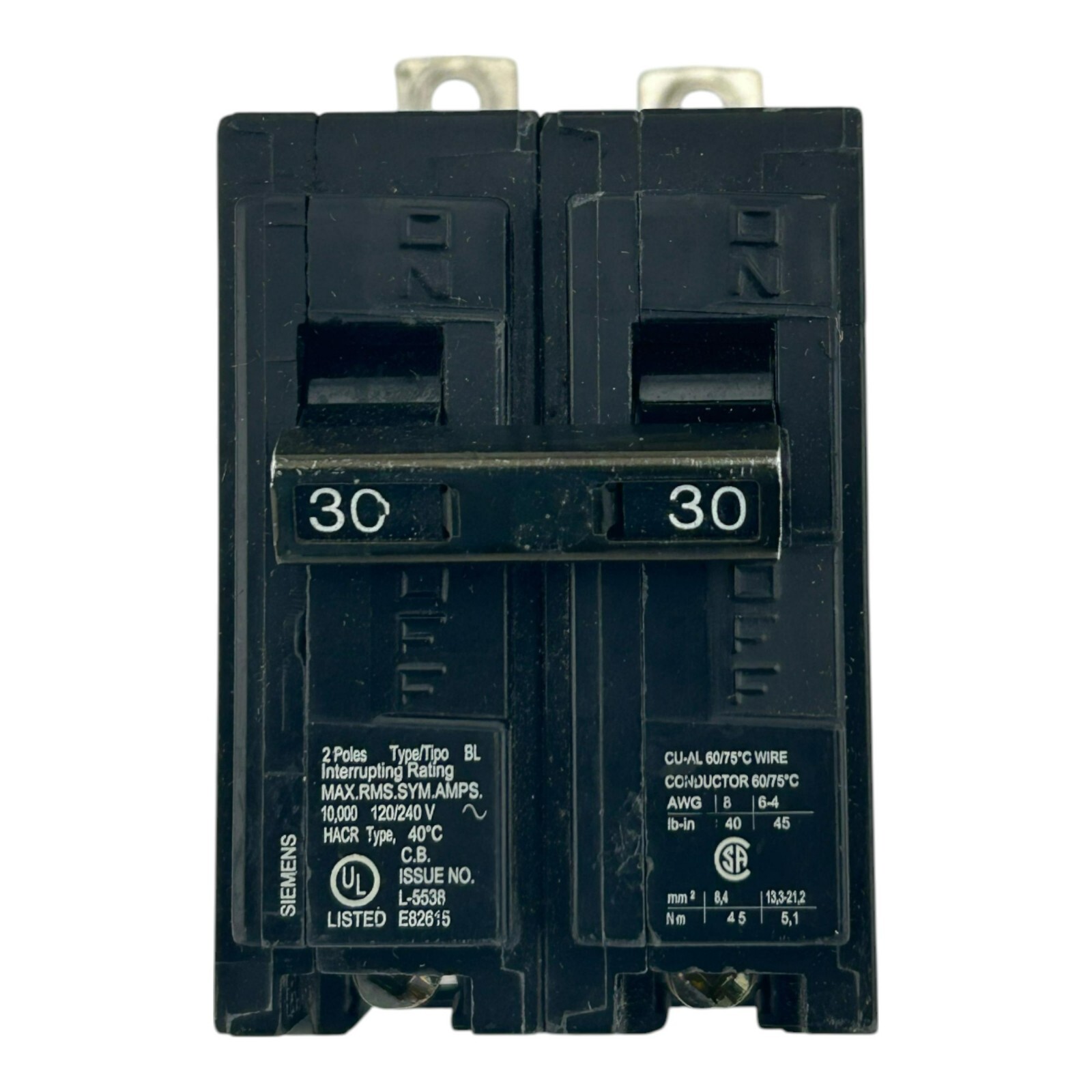 USED Siemens B230 30A 2P 120/240V 50/60Hz 10kA Plug-In Circuit Breaker