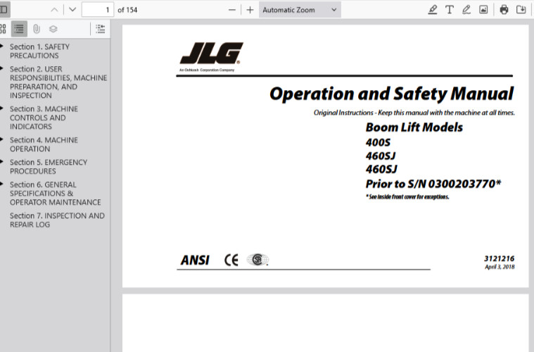 JLG 400S 460SJ Boom Lifts Service Repair Operators Manual Parts Catalog PDF USB