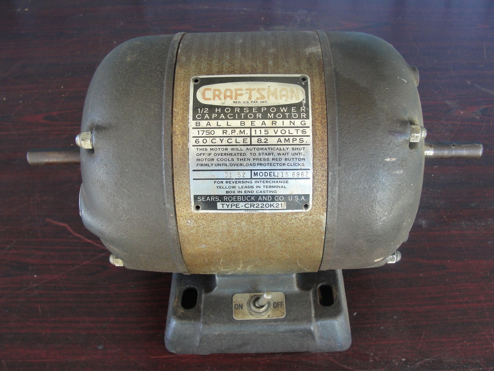 Craftsman 1/2 Hp Electric Motor 1750 RPM 115V 8.2 AMP Model 115.6962 Read Descri