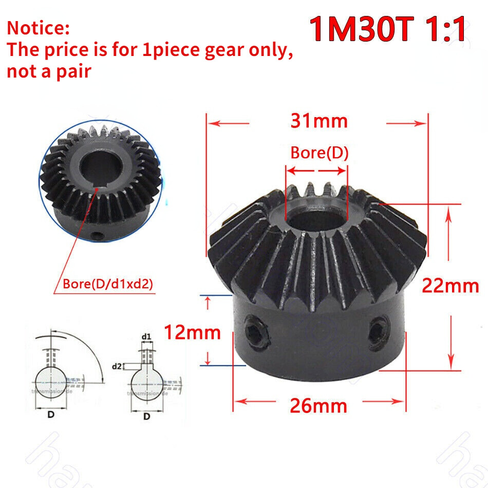 Mod 1/1.5/2 90° Pairing Bevel Gear 1:1/1:2 15T-30T Bore 5/6/6.35/8/10/12/14-25mm