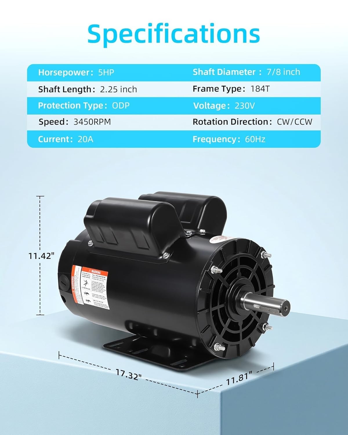 5HP SPL Air Compressor Electric Motor 230V 17.6Amps 3450 RPM 7/8» Keyed Shaft