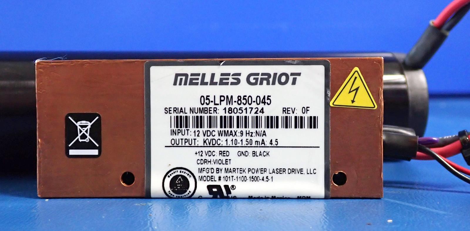 MELLES GRIOT 05-LLC-508 632.8nm HeNe Laser Module w/ 05-LPM-850-045 Power Module